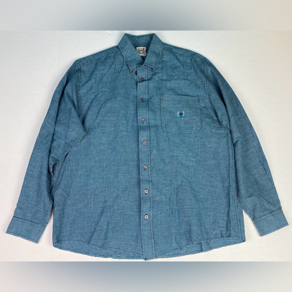 Cinch Men Medium Shirt Plaid Blue Black White Button Up Rodeo Linen Cotton